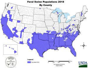 United States map of feral hog distribution by county